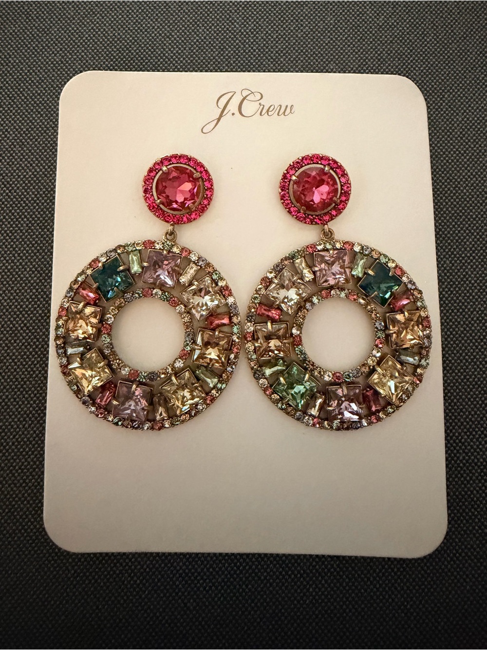 J. Crew Multicolor Crystal Hoop Drop Earrings with Pink Studs